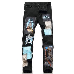 Schwarze, zerrissene, bedruckte Patches für Herren, Herbst-Punk-Jeans mit mittlerer Taille, Slim-Fit-Stretch-Streetwear