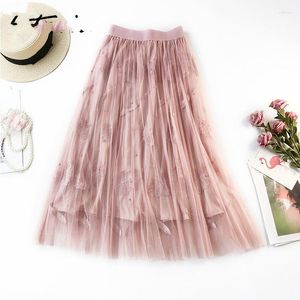 Skirts High Waist Long For Women Woman Elegant Tulle Skirt Embroidered Pink A-line Pleated Knee Length 2023