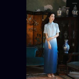 Etnik Giyim Cumhuriyet Tarzı Degrade Renk Eğimli Yaka Tek Parça Cheongsam Kadınlar Için Çin Kısa Kollu Zarif Elbiseler Qipao