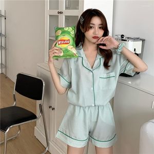 Roupa de dormir feminina verão xadrez casa terno camisa de manga curta short coreano solto casual conjunto de pijama feminino roupas verdes kawaii