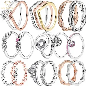 Anéis femininos de prata 925 fit pandora originais coração coroa moda anel wishbone família coração asa asa zircão claro tiara cz