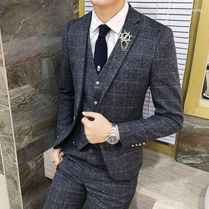 Męskie garnitury męskie 2023 Gray Plaid Stripe Vintage Men Slim Fit Tweed Business Formalne 3 sztuki Made Wedding Terno Masculino