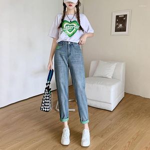 Damen Jeans Mode Farbkontrast Slouchy Baggy Frauen Hohe Taille Boyfriends Hosen Mädchen Niedlich Blau Lose Haren