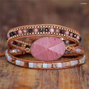 Braccialetti con ciondoli Bracciale avvolgente in pelle Rosa Pietra naturale Perline BOHO Triplo intorno a Natale Gioielli Regalo amico Dropship