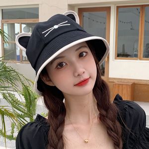 Korean Cartoon Cat Ears Women Girls Bucket Hat Spring Summer Kawaii Beach Tour Sun Visor Hats Wide Brim Cotton Panama Cap