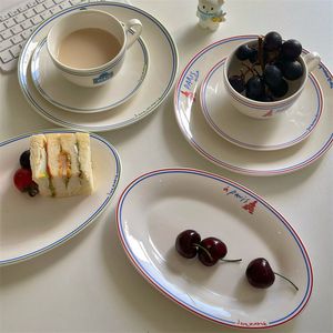 Dishes Plates French Retro Red and Black with Lines Letter Ceramic Tableware Set Breakfast Plate Fish Dessert 230627