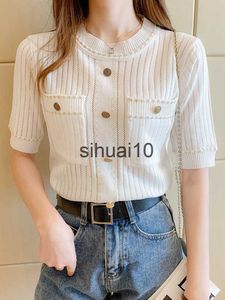 Women's T-Shirt LJSXLS White Tshirt Women Summer 2022 Short Sleeve Top Ladies Pockets Basic T Shirts Knitted Casual Clothes Tee Shirt Femme J230627