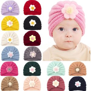 Autumn and Winter Soft Warm Knitting Wool Caps Cute Handmade Flowers Infant Hats Baby Headwear Birthday Gifts Photography Props