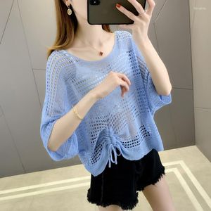 Women's Sweaters 20233 Real S Round Neck Pullover Drawstring Hollow Solid Short Sleeve 27