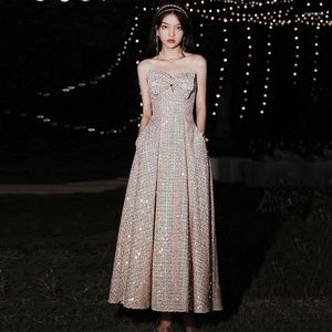 Ethnic Clothing Women Champagne Sparkly Exquisite Sequins Evening Dress Tube Top Prom Party Gown Vestidos De Fiesta