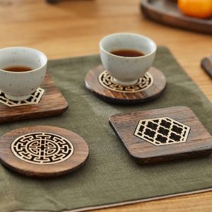 Mats Pads 4 piece Set Wood Coasters Square and Round Desktop Heat resistant Mat High quality Carved Cup Tea Holder Bowl 230627