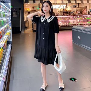 Dresses Pregnant Women Summer Dress Fashion Short Sleeve Lace Turndown Collar Preppystyle Black Maternity Dress Pregnancy Chiffon Dress