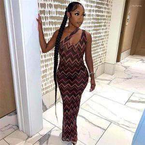 Casual Dresses Striped Print Sheer Mesh Bodycon Maxi Party Dress Women Summer Sexy Hollow Out One Shoulder Sleeveless Clubwear Long Robes