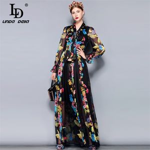 Ld Linda Della Summer Runway Maxi Dress Women Long Rleeve Bow Kllar Vintage Floral Print Chifon Party Holiday Sukienka szata 220526