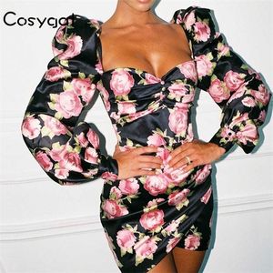 COSYGAL Ruched Autumn Bodycon Floral Printed Satin Dress Women Long Puff Sleeve Milkmaid Party Dress Vintage Winter Sexy Dress T200911