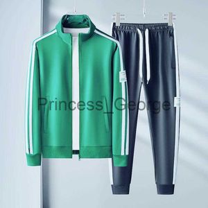 Herrspårsugnar Ny randig spårdräkt Herrjacka och byxor Running Set Sportswear Green Zip Cardigan Sweatpants 2st Sweat Suit Male Clothes X0627