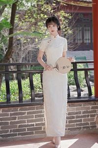 Ethnic Clothing Chinese Traditional Lace Trim Mandarin Collar Satin Long Style Qipao Fashion Elegant Lady Short Sleeve Cheongsam Everyday