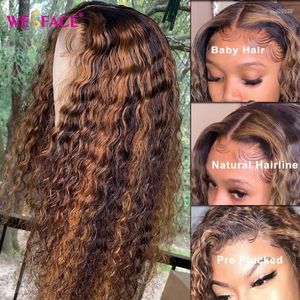 Curly Brown Ombre spetsstängning peruker Brazillian Highlight Deep Pre Plucked With Baby Hair T Front Human