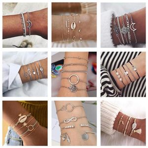 Link-Armbänder, böhmische mehrschichtige Sets für Frauen, geometrische Blätter, Perlen, geschichtete Handkette, Charm-Armband-Set, Geschenke, Boho-Schmuck