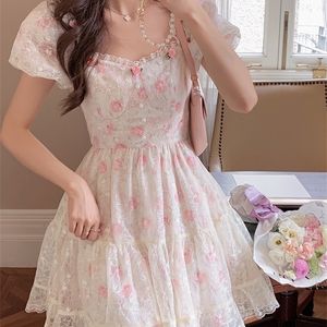 Kawaii Vintage Fairy Dres Summer Sweet Lace Floral Elegant Princess Dress Female Boho Korean Party Mini Dress 220526