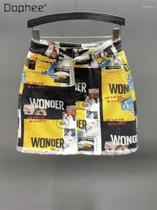 Skirts Kawaii Yellow Printing Short Denim Skirt for Women 2023 Spring and Summer Harajuku High Waist Slim A- Line Sheath Mini