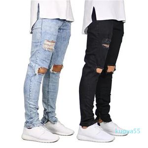 2023-Men's Jeans 2 Colors Mens Casual Knee Hole Zipper Design Elastic Waist Pencil Slim Fit Fashionable Urban Wind Style Cool Pants