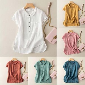 Women's T Shirts Light Womens Shirt Cold Shoulder Tops For Women 2023 Summer Linen Short Sleeved Stand Up Collar Blouse