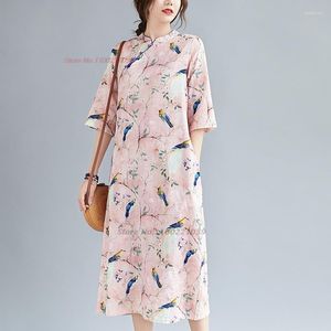 Ubranie etniczne 2023 Chińska ulepszona sukienka Qipao National Flower Print Bawełniany bielizny luźne Cheongsam Oriental Folk