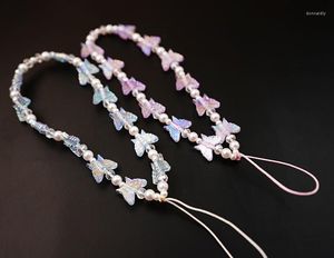 Keychains Charming Colorful Resin Butterfly White Pearl Chains Women Mobile Phone Decoration Anti-Lost Lanyard Chain Jewelry Accessory