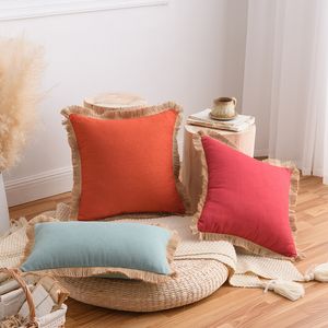 Cushion Decorative Pillow Orange Red Blue Cotton Linen Cushion Cover Sofa Tassel Nordic Lumbar Solid Color PillowCover 50 50 45 45cm 230626