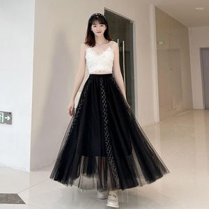 Kjolar kvinnor kjol ljus siden mesh puffy a-line hög midja elegant midi tulle party vit svart beige rosa mujer faldas