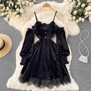 Casual Dresses YuooMuoo ins Fashion Women Princess Black Mini Off Shoulders High Waist Lace Patchwork Gothic Korean Party Vestidos 221119