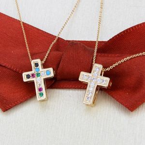 Ketten farbenfrohe Kupfer Zirkonstein Initiale Ketten Halskette kleiner Kreuz Anhänger für Frauen Religiöser Gebet Hals Hals Schmuck Geschenk