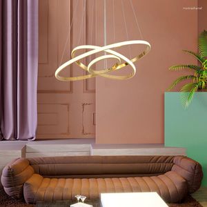 Candeeiros pendentes com acabamento cromado dourado moderno candeeiro led para sala de estar jantar 4/3 anéis 110-240 v