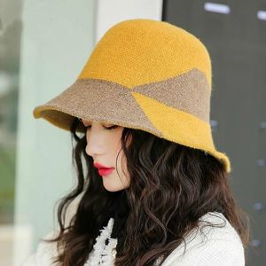 Yellow Hat Female Korean Style Thick Warm Windproof Winter Bucket Hat Wool Knitted Fisherman Hats for Women