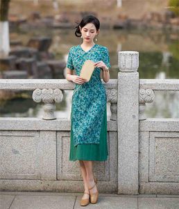 Etniska kläder traditionella kvinnors v-ringning kort ärm qipao sexig linne hög split aodai cheongsam elegant retro kinesisk daglig klänning