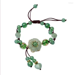 Strand Handmade Weave Light Yellow Gold Color Flower Connect Green Aventurine And Agates Elastic Bracelet Charm Jewelry