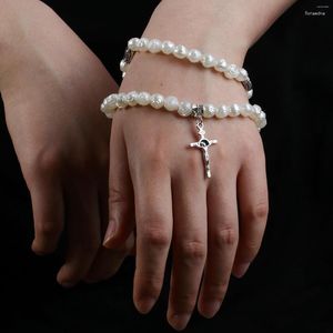 Strand CottvoDouble Row Bangles Yoga Beads Rosary Bracelets Hands Prayer White Rose Beaded Chain Our Lady Crucifix Cross Jewelry