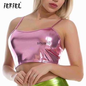 Damen-T-Shirt, modisches glänzendes Crop-Top für Damen, glänzendes metallisches Leibchen, verstellbarer Spaghettiträger, ärmellose Weste, Clubwear für Pole Dance Rave J230627