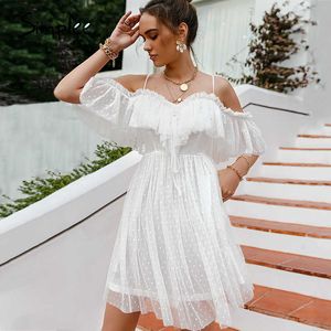 Holiday White Polka Dot Haftame Spaghetti Sukienka Lace Up V-Neck A-Line Beach Es High Taist Vestidos 210611