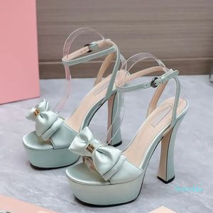 Designer Heel High Heel Party Thick Heel Platform Gold Belt Buckle Silk Solid Bow High Sense Strap Open Toe Womens Shoes 35-41