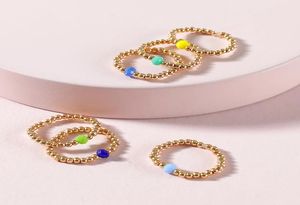 Conjunto de 6 pçs boêmio feito à mão com miçangas redondas de ouro anel para mulher, moda colorida, resina elástica, corda, anéis ajustáveis, joias, presentes1169988