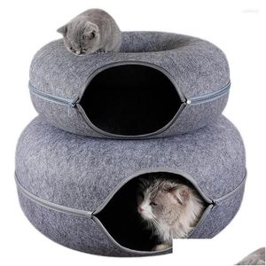 Brinquedos para gatos Donut Tunnel Bed Pets House Natural Felt Pet Cave Round Wool For Small Dogs Interactive Play Toy Drop Delivery Home Garden S Dhwn5