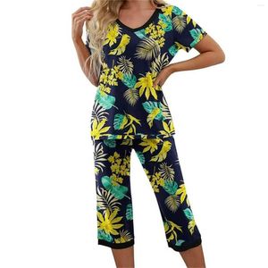 Women's Sleepwear Women's Two Piece Suit Striped Pajamas Set Short Sleeve Tops And Pants Joggers Printed House Satin Silk Shorts