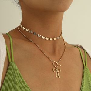 necklaces OT button box chain bow pendant necklace, temperament personality double metal necklace punk pendant necklace jewelry for her chain necklace woman