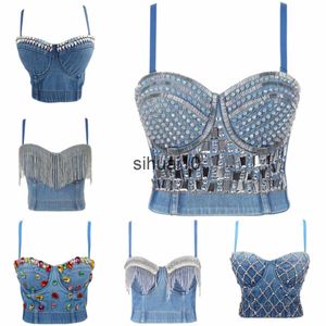 Women's T-Shirt 2022 Sexy Denim Rhinestone Corset Camisoles Bustiers Bra Party Club Streetwear Lingerie Look Stage comes J230627