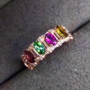 Cluster Rings Per Jewelry Natural Real Colorful Tourmaline Ring 925 Sterling Silver 0.35ct 4pcs Gemstone J8060405