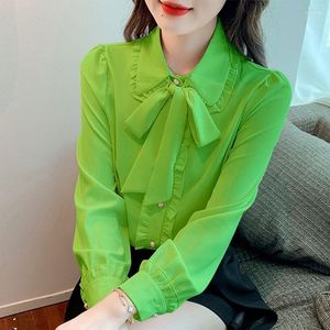 Women's Blouses Women's Bow Tie Tops Women Korean Style Design Clothes Flare Sleeve Elegant Office Lady Cute Ribbon Sweet Sweety Shirts