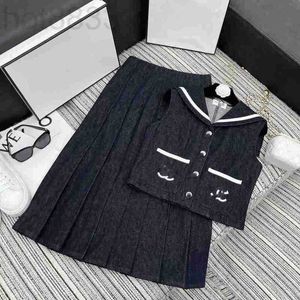 Two Piece Dress Designer Summer New Navy Style Embroidered Denim Vest with Folded Half Skirt Casual Set 6X8J