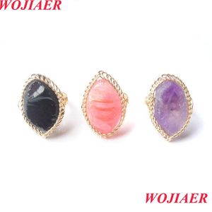 Solitaire Ring Fluorite Irregar Natural Stone White Crystal Gold Color Wire Wrap Rings For Women Braided Trendy Gem Creative Finger Dhfjk